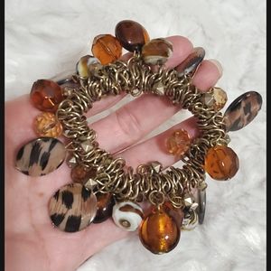 Goldtone brown and animal print beads and crystals stretchy bracelet